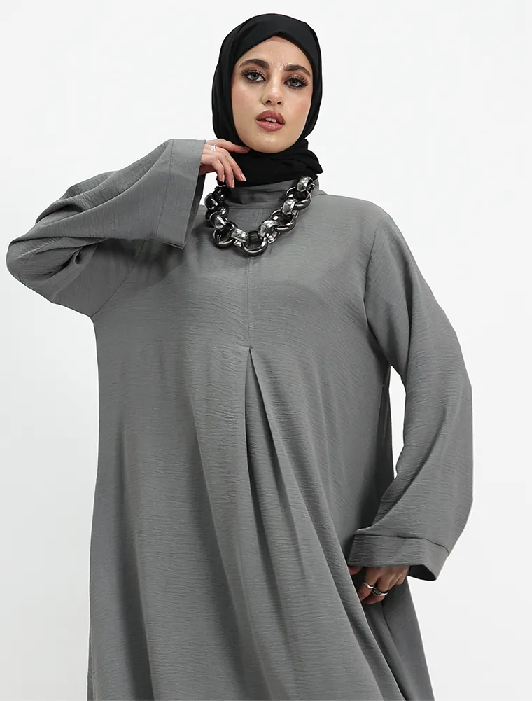 Grey Pleat Plain Abaya