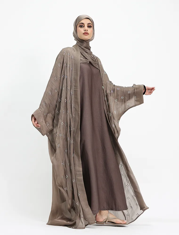 Mocha Sparkle Organza Kimono Set