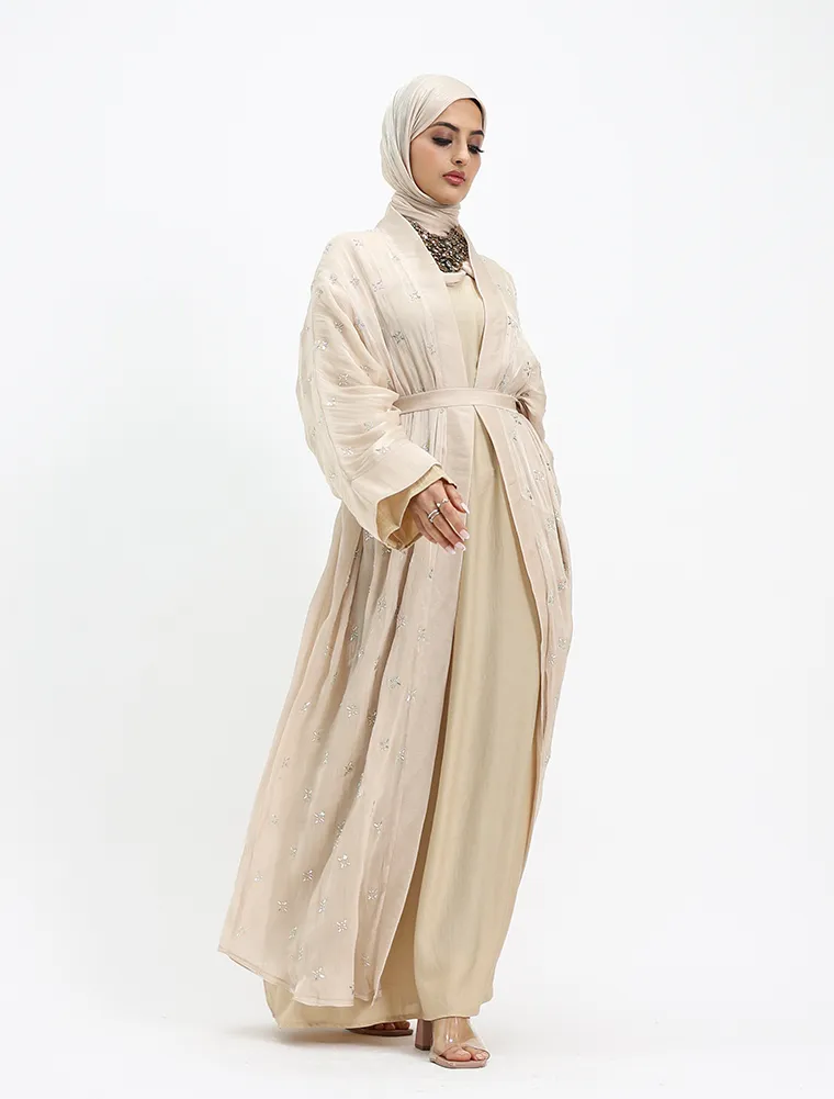 Beige Sparkle Organza Kimono Set