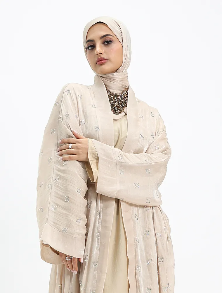 Beige Sparkle Organza Kimono Set
