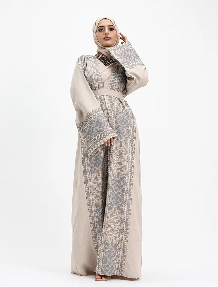 Beige 2 Piece Moroccan Embroidery Abaya