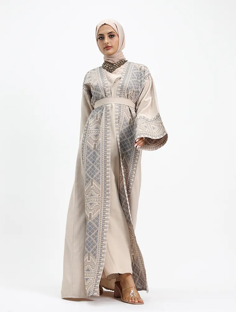 Beige 2 Piece Moroccan Embroidery Abaya