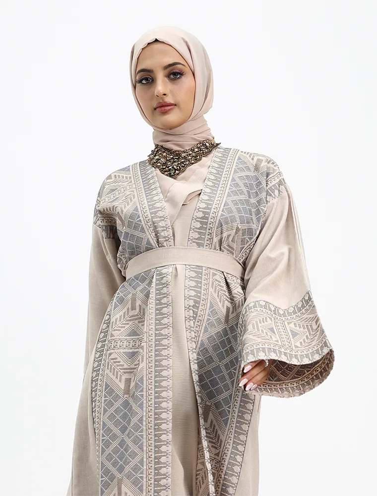Beige 2 Piece Moroccan Embroidery Abaya