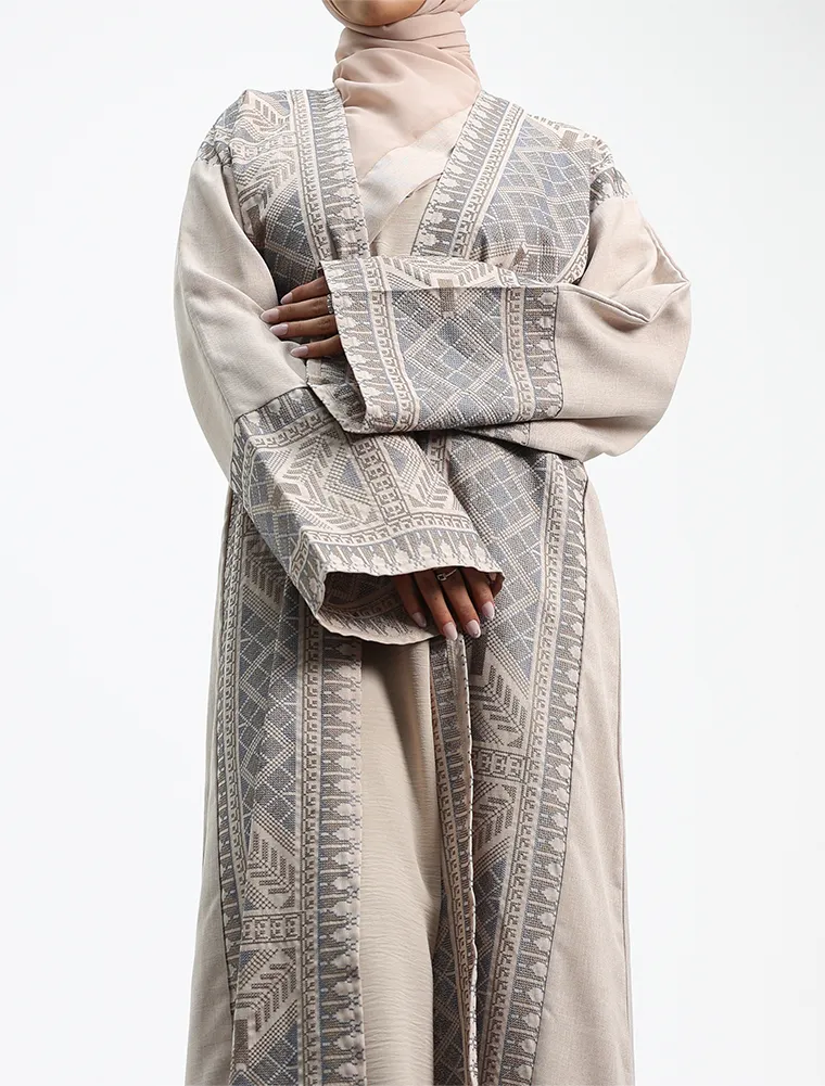 Beige 2 Piece Moroccan Embroidery Abaya
