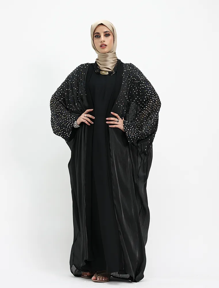 Black Sparkle Crystal Sheer Overlay Abaya