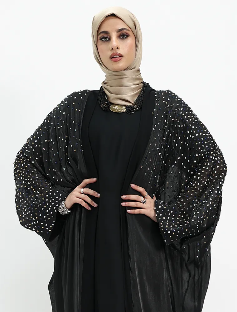 Black Sparkle Crystal Sheer Overlay Abaya