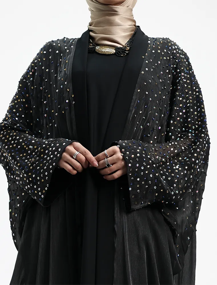 Black Sparkle Crystal Sheer Overlay Abaya