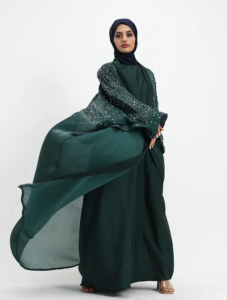 Green Sparkle Crystal Sheer Overlay Abaya