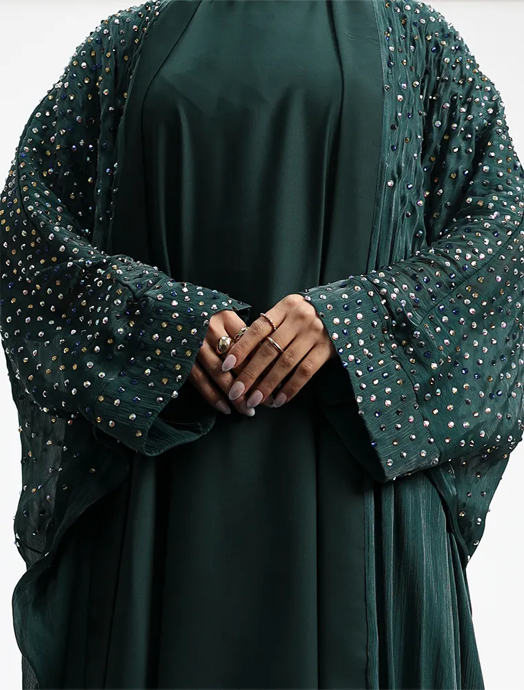 Green Sparkle Crystal Sheer Overlay Abaya