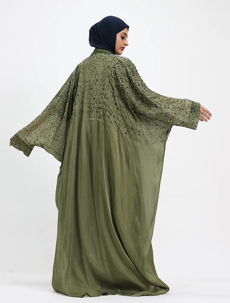 Olive Sparkle Crystal Sheer Overlay Abaya