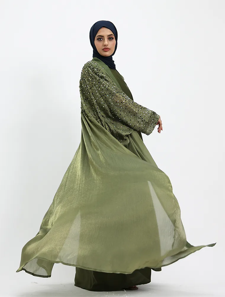 Olive Sparkle Crystal Sheer Overlay Abaya