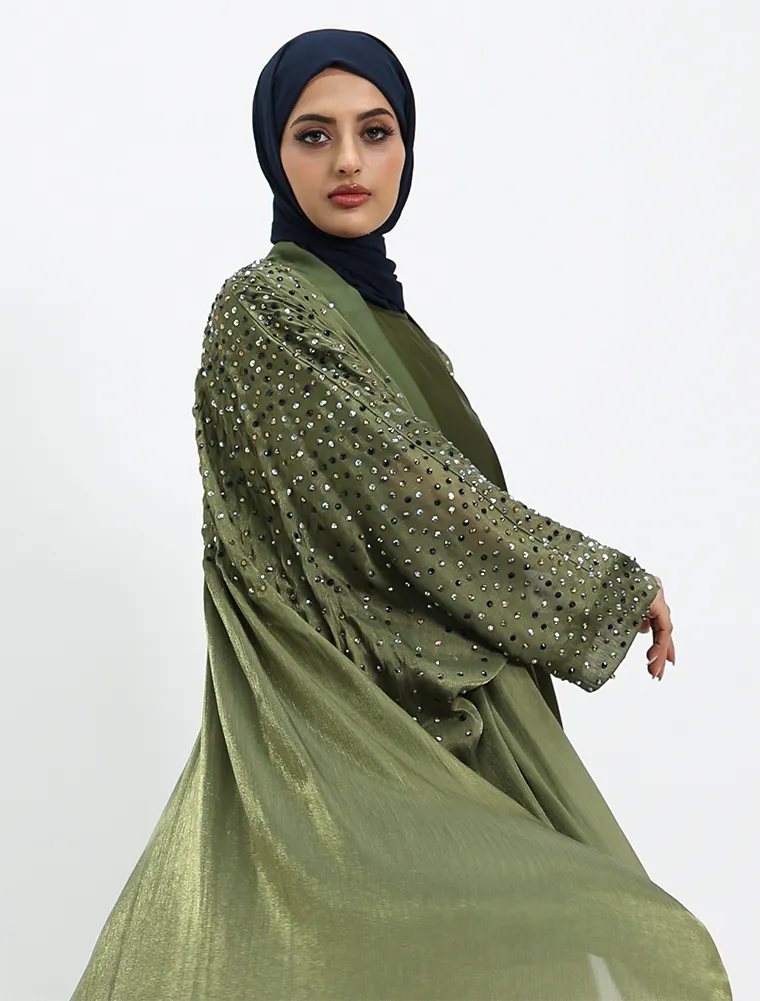 Olive Sparkle Crystal Sheer Overlay Abaya