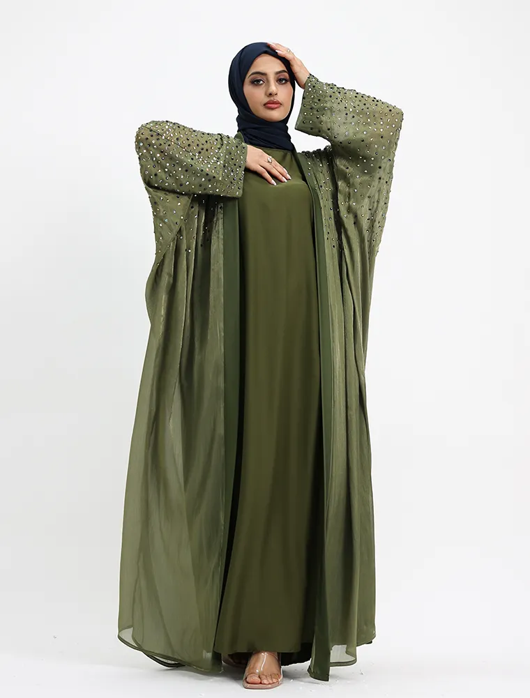 Olive Sparkle Crystal Sheer Overlay Abaya