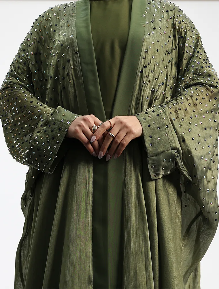 Olive Sparkle Crystal Sheer Overlay Abaya