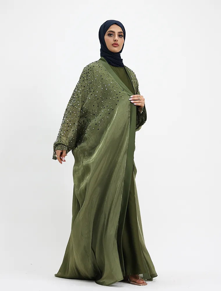 Olive Sparkle Crystal Sheer Overlay Abaya
