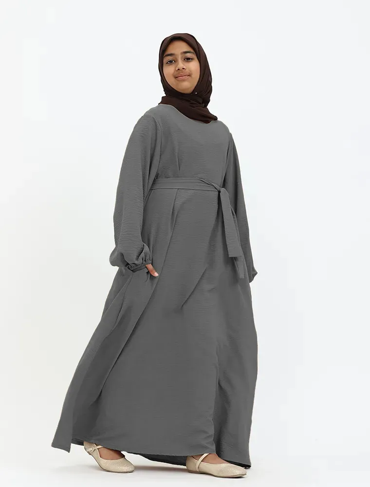 Grey Linen Feel Essential Girls Abaya