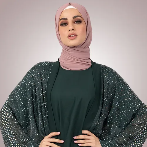 Green Sparkle Crystal Embellished Sheer Overlay Abaya